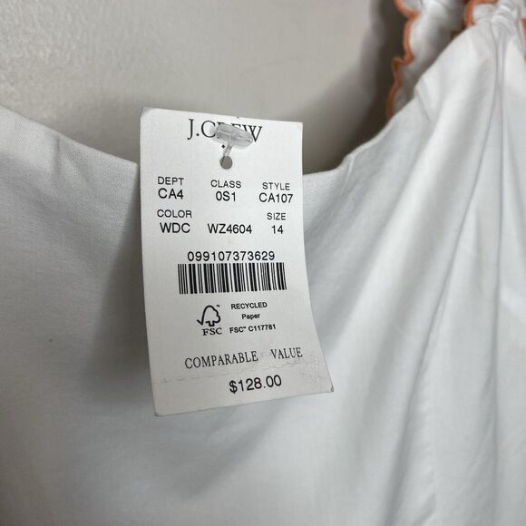 J.CREW Midi Dress Women 14 White Orange Scalloped Trim NEW Pockets Cotton CA107 - Picture 12 of 15